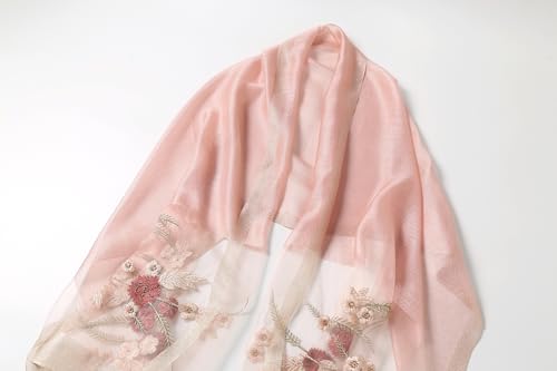 Jeelow Long Silk Blend Embroidered Floral Shawl Scarf Wrap for Women - color: Pink Embroidery