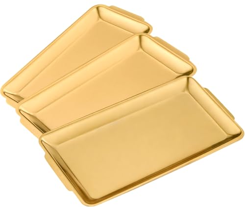 3-Piece Gold Serving Trays, 304 Stainless Steel Heavy Duty Rectangular Platters, 15.7 Inch Metal Food Server Set, Chip & Scratch Resistant, Rustproof Commercial Grade for Party Home (Gold) - color: Gold, size: 15.7''×9.5''