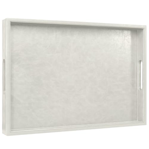 20 x 14 inches Leather Rectangle Serving Tray with Hole Handles,High-End Light Large Service Tray for Ottoman Tray, Tea, Food, Butler - Countertop, Kitchen,Family Dinner, Picnic (White) - color: White, size: 20" x 14" x 2"