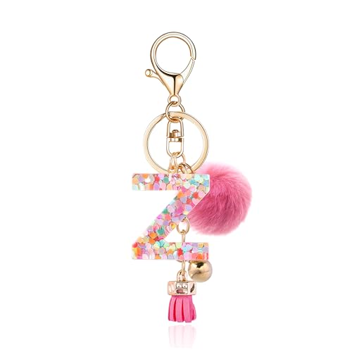 Resin Alphabet Initial Letter Keychain Keyring for Women Purse Handbags With Fur Ball Pom - color: Deep Pink Fur Ball Letter Z
