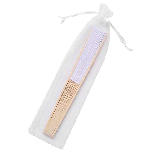 50pcs Paper Hand Fan with Organza Bags Bamboo Handheld Folding Fans DIY Decorative Wedding Party Favors (White) - color: White