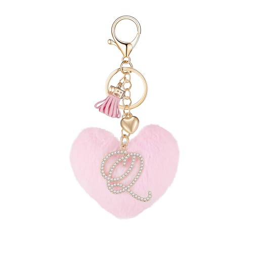 Initial Letter Heart Pom Pom Keychain for Women Pink Soft Fluffy Ball Key Ring for Purse Backpack Handbag - color: Q