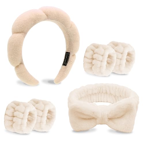 Beige Skincare Bubble headband and wristband set for Face Washing - color: Light khaki