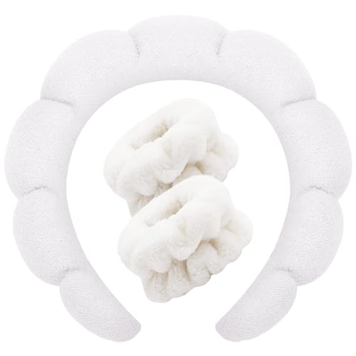 Spa Headbands for Washing Face Wristband Set Sponge Makeup Skincare Headband Wrist Towels Bubble Soft Terry Towel Cloth Hairband for Women Puffy Headwear Non Slip Thick Thin Hair Headwear (White) - color: White