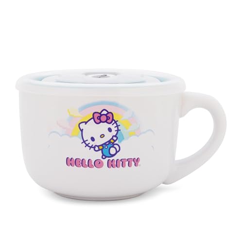 Silver Buffalo Sanrio Hello Kitty Rainbow Clouds Ceramic Soup Mug With Vented Lid For Ice Cream, Cereal, Beverages | Holds 24 Ounces - color: Rainbow Clouds