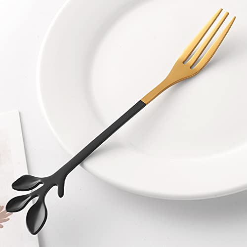 AnSaw 10-Piece Black & Gold Leaf Dessert Forks Set-4.7" Mini Cocktail Fork - color: Black & Gold