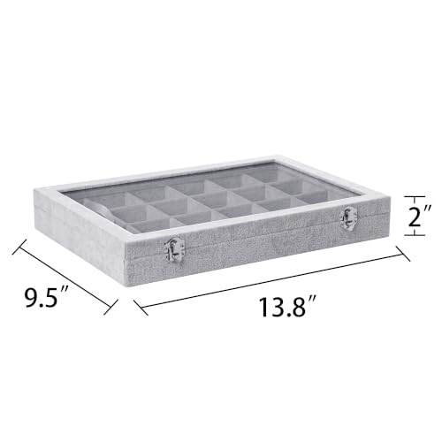 Frebeauty 24 Grid Earring Organizer,Velvet Jewelry Tray with Clear Lid - color: Grey, size: 24 Grid