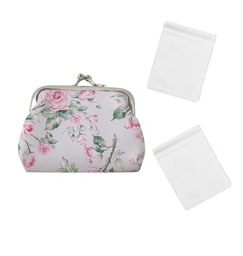BenePoint Coin Purse for Women, Mini Purse Change Purse Coin Pouch with Kiss Clasp Lock& 2 Clear Jewelry Bags, Floral PU Leather Coin Purses Small Pouches for Cash and Jewelry (rose pink) - color: rose pink