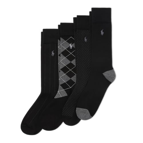 POLO RALPH LAUREN Men's Assorted Pattern Dress Crew Socks (4-Pack) - color: Black