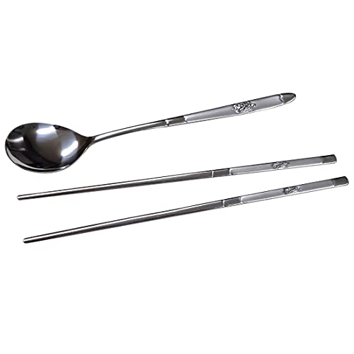 GARASANI Korean Traditional Cutlery Stainless Steel Spoons and Chopsticks Set (Silver Turtle) - color: Silver Turtle