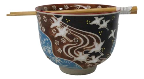 Ebros Gift Artistic Donburi Ramen Udon Noodles Soup Salad 5" D 18Oz Bowl With Bamboo Chopsticks And Built In Rest Set Asian Dining Kitchen Accent (White Japanese Cranes) - color: White Japanese Cranes