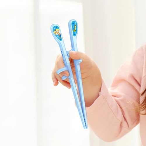 Edison Pororo Training Chopsticks, 2 Step Beginner Learning Chopsticks, BPA-Free Plastic, Korean Food, Japanese Food, Sushi, Dishwasher Safe, Blue, Made in Korea (Right Hand)