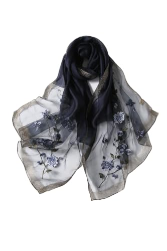 Jeelow Long Silk Blend Embroidered Floral Shawl Scarf Wrap for Women - color: Rose Beaded Navy