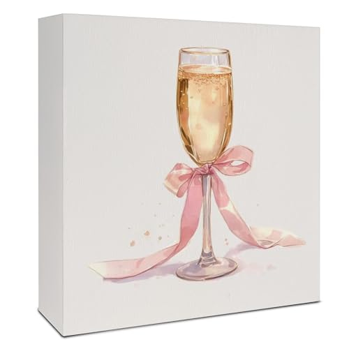 Cocktail Signs, Bar Decorations for Home,Pink Coquette Bow Champagne Wooden Box Sign, Champagne Bar Wood Signs for Home Desk Table Shelf Decor, 5x5 Inch - color: A-Champagne