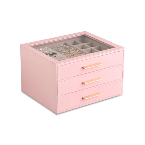 Frebeauty Jewelry Box for Women,Clear Lid Jewelry Organizer with 3 Drawers - color: Pink, size: 3 Drawer