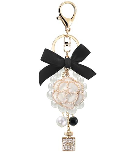 Camellia Flower Purse Charm Keychain with Bow and Pearl Accents - color: Whitee