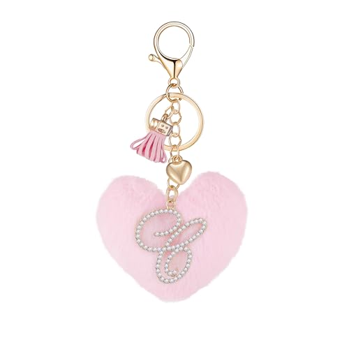 Initial Letter Heart Pom Pom Keychain for Women Pink Soft Fluffy Ball Key Ring for Purse Backpack Handbag - color: C