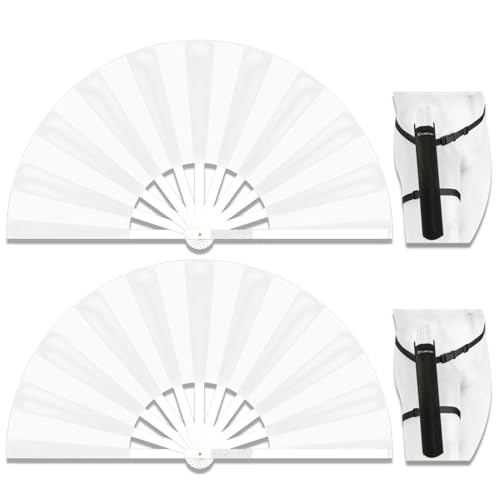 13" Large Folding Rave Fan with Holster, Clack Hand Fans Foldable for Line Dancing, Boots On The Ground Fan for Women Men Festival EDM Party Decoration, White 2 Pack - color: White