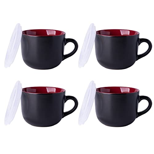 GBHOME Ceramic Soup Mugs with Lid, 24 oz Soup Cups with Hanlde for Coffee,Cereal,Salad,Noodles,Tea, Microwave &Dishwasher Safe, Set of 4, Red inside with Vented lid - color: Red