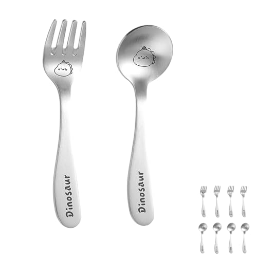 Stainless Steel Dessert Spoon and Fork Set - 2pcs Mini Utensils for Espresso, Ice Cream, Dessert, and More Available in Dinosaurs, Pandas, Rabbits, Cats, and Pigs (Dinosaurs) - color: Dinosaurs