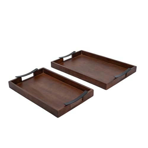 Ellementry Wooden Serving Tray Set – Decorative Tray for Coffee Table, Kitchen & Dining, Serving Platters, Breakfast & Snack Tray - color: Mellow Brown