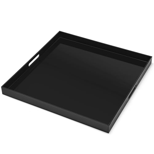 16×16 inches Oversized Black Acrylic Ottoman Tray Extra Large Decorative Tray Spill-Proof Serving Trays with Handles King-Size Safe Edge Organizer for Coffee Table Countertop Breakfast - color: Glossy Black, size: 16" x 16" x 2"