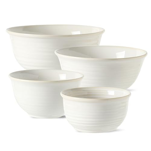 Hasense Porcelain Mixing Bowls, 2.8/2.1/1.0/0.5 Qt, Handmade Large Salad Serving Bowls for Kitchen, Deep Nesting Dishes for Cooking and Baking, Microwave Dishwasher Safe, Clay-Infused White - color: Clay-Infused White, size: 20+40+84+108 Ounce