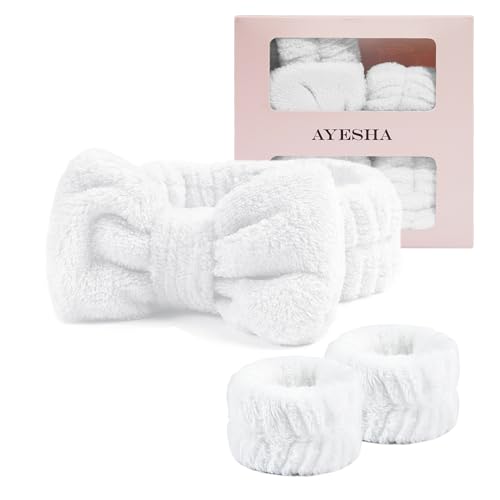 Ayesha Spa Headband and Wristband Set for Washing Face Skincare Makeup - color: White set
