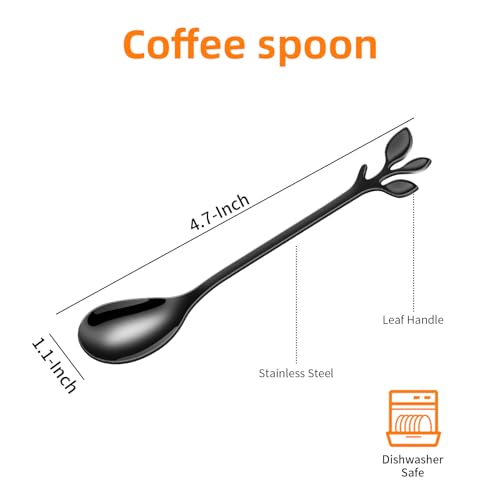 AnSaw Elegant Black Leaf Coffee Spoons - 10-Piece, 4.7" Mini Spoon - color: Black