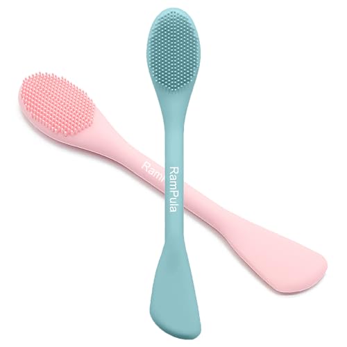 RamPula Facial Cleansing Brush, 2 in 1 Silicone Face Mask Brush & Face Scrubber, For Exfoliating, Massaging, Remove Blackheads, Makeup Skincare Removal, Applicator for Mud, Clay, Body Lotion, DIY Mask - color: Eucalyptus Green and Pink