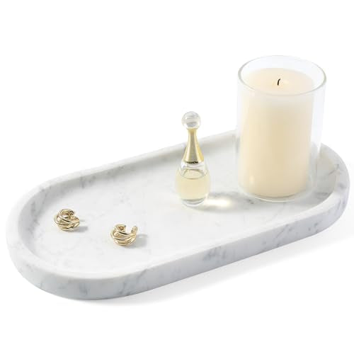 Koville Natural White Marble Tray for Home Decor, 10" x 5" Marble Vanity Tray for Bathroom Countertop Organizer Stone Trays, Catchall Tray for Perfume, Candles, Jewelry (Bianco Carrara) - color: Bianco Carrara White