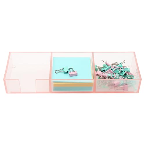 Pink Sticky Note Holder for Desk Acrylic Pink Paper Clip Holder Clear Sticky Notes Organizer 3 Grids Memo Note Pads Storage Container Notepad Dispenser for Cute Desktop Accessories