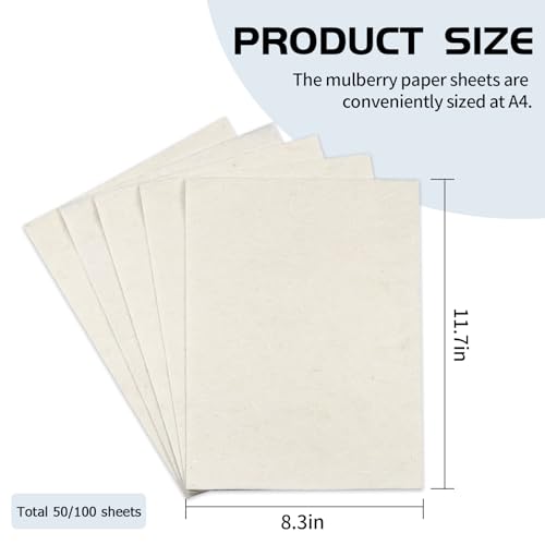 100 Sheets FIVEIZERO A4 Mulberry Paper Sheets Natural Fiber Rice Paper,8.3 x 11.7in Natural Decoupage Tissue Papers for Writing Painting, Decorative Papers, Card MakingPapers DIY Craft