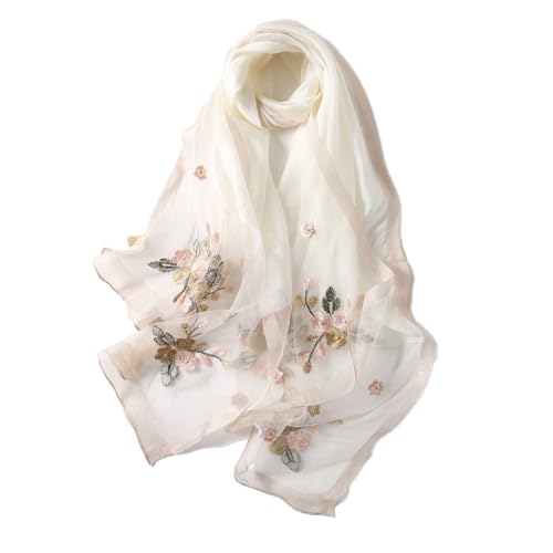 Jeelow Long Silk Blend Embroidered Floral Shawl Scarf Wrap for Women - color: Ivory Whisper