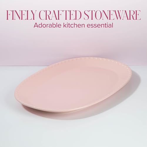 Paris Hilton Oval Ceramic Serving Platter with Heart Rim Detailing, Iconic Stoneware for Entertaining & Display, 17x11 Inches, Pink