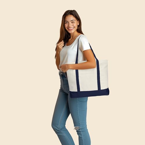 22" Heavy Duty Cotton Canvas Tote Bag (Zippered) - color: Navy Blue