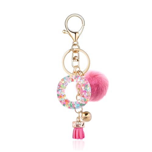 Resin Alphabet Initial Letter Keychain Keyring for Women Purse Handbags With Fur Ball Pom - color: Deep Pink Fur Ball Letter O