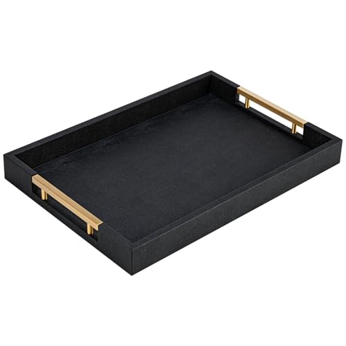 Black Faux Leather Large Square Tray with Handles – Decorative Serving for Coffee Table, Ottoman, Living Room & Bathroom - color: Black, size: 20" x 14" x 2"