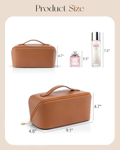 VLANDO Makeup Bag for Women with Open Flat Layout,Zipped TPU Pocket,Brown - color: 02.Brown