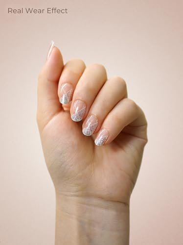 Real Gel Nail Strips (No UV Light Needed) - 44Pcs Salon Quality Nail Stickers - Long Lasting Polish Wraps for Women, Easy Apply & Remove (Nude Veil Silver) - color: Nude Veil Silver