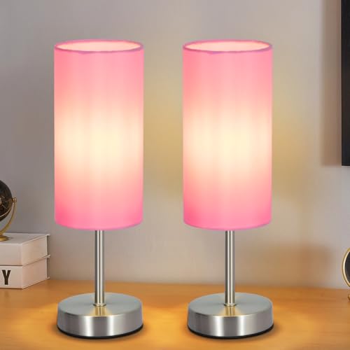 RISLG 2 Pack Small Table Lamps for Bedroom, Bedside Lamps for Nightstand with Wire Switch, Minimalist Modern Desk Lamps with Linen Fabric Shade for Kids Room Living Room Office Dorm, Bulb Included - color: 2 Pack Pink-Silver, size: 13in
