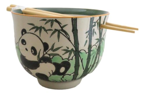 Ebros Gift Artistic Donburi Ramen Udon Noodles Soup Salad 5" D 18Oz Bowl With Bamboo Chopsticks And Built In Rest Set Asian Dining Kitchen Accent (Bamboo Green Panda Bear) - color: Bamboo Green Panda Bear
