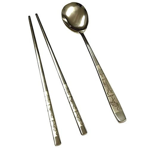 GARASANI Korean Traditional Spoon and Chopsticks Gold Titanium Plated Stainless Steel Cutlery (Gold Longevity) - color: Gold Longevity