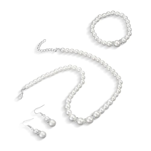 Pearl Bride Wedding Jewelry Set Faux Pearls Crystal Rhinestone Necklace Earrings Bracelet Sets for Women Bridesmaid(3 PCS) - color: White - Gourd Shaped