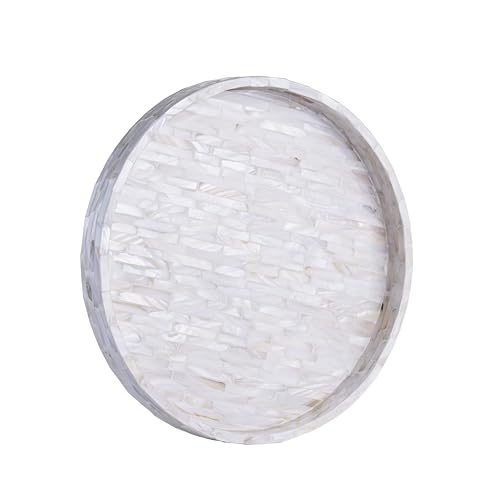 PEMAR Round Mother of Pearl Tray 11", White Iridescent Decorative Tray