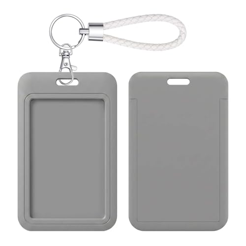 ID Card Badge Holder Key Chain with Metal Keyring, Plastic Slide Open with ID Window for Women Men Girls Students - color: Pure Gray