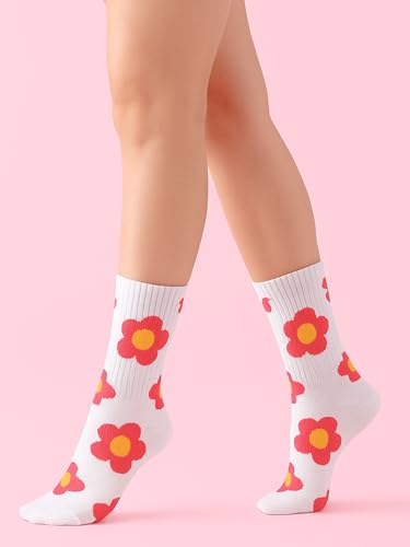 Fourluoo 6 Pairs Women Cotton Crew Socks Floral Patterned Colorful