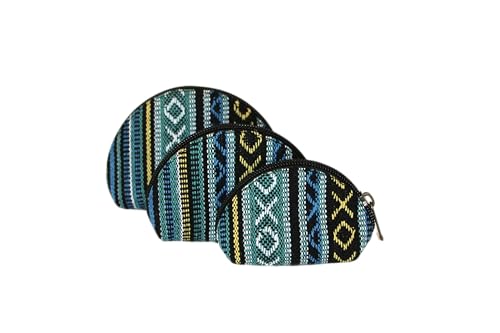 Set of 3 Handmade Boho Coin Purses – Cotton & Hemp Zip Pouches (Made in Kathmandu) | Small Travel Wallets for Coins, Keys & Cards | Ethnic Pattern Mini Bags (Blue) - color: Blue