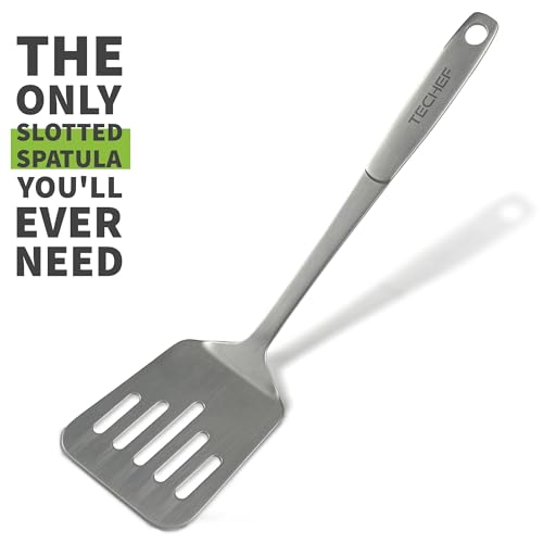 TECHEF - ChefCore 304 Stainless Steel Slotted Turner Spatula with Ergonomic Handle, One-Piece Unibody Design, Rustproof & Heat Resistant, 10.5" Serving Utensil – Made in Korea - size: Slotted Turner