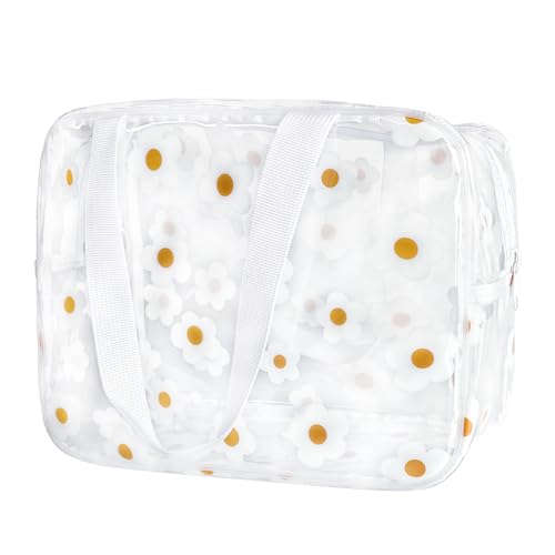 Clear Daisy Printed Cosmetic Bag and LargeTravel Pouch 11.81''x4.33''x8.27'' Size with Handle-Durable PVC Material,Versatile,Zipper Design for Makeup (White Floral#2-L) - color: A230023-5265-02-L